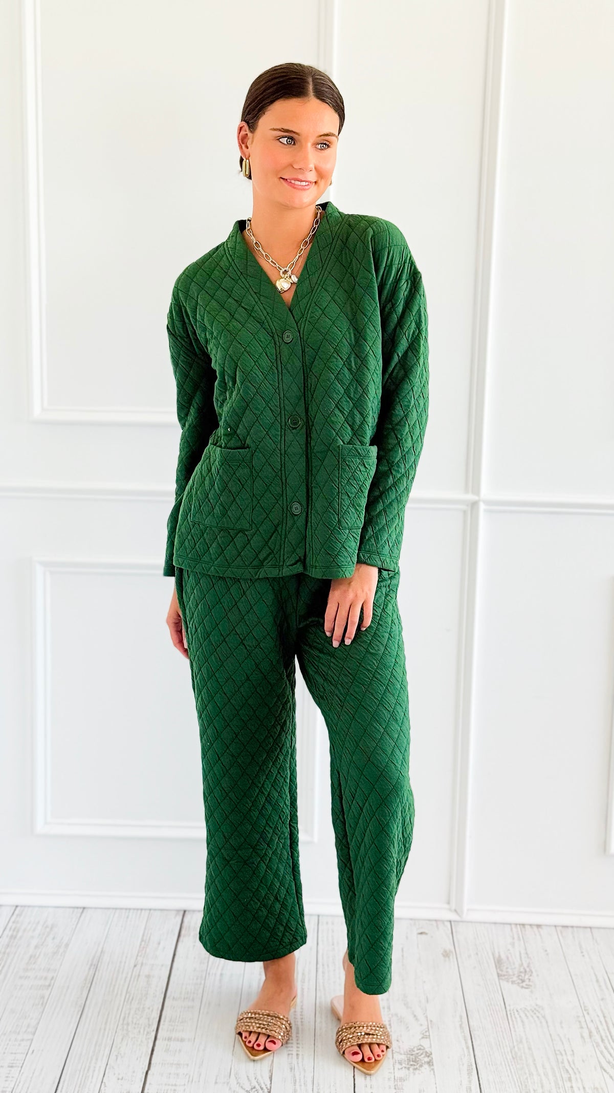 Quilted Jacket and Pants Set - Dark Green-210 Loungewear/Sets-Zenana-Coastal Bloom Boutique, find the trendiest versions of the popular styles and looks Located in Indialantic, FL