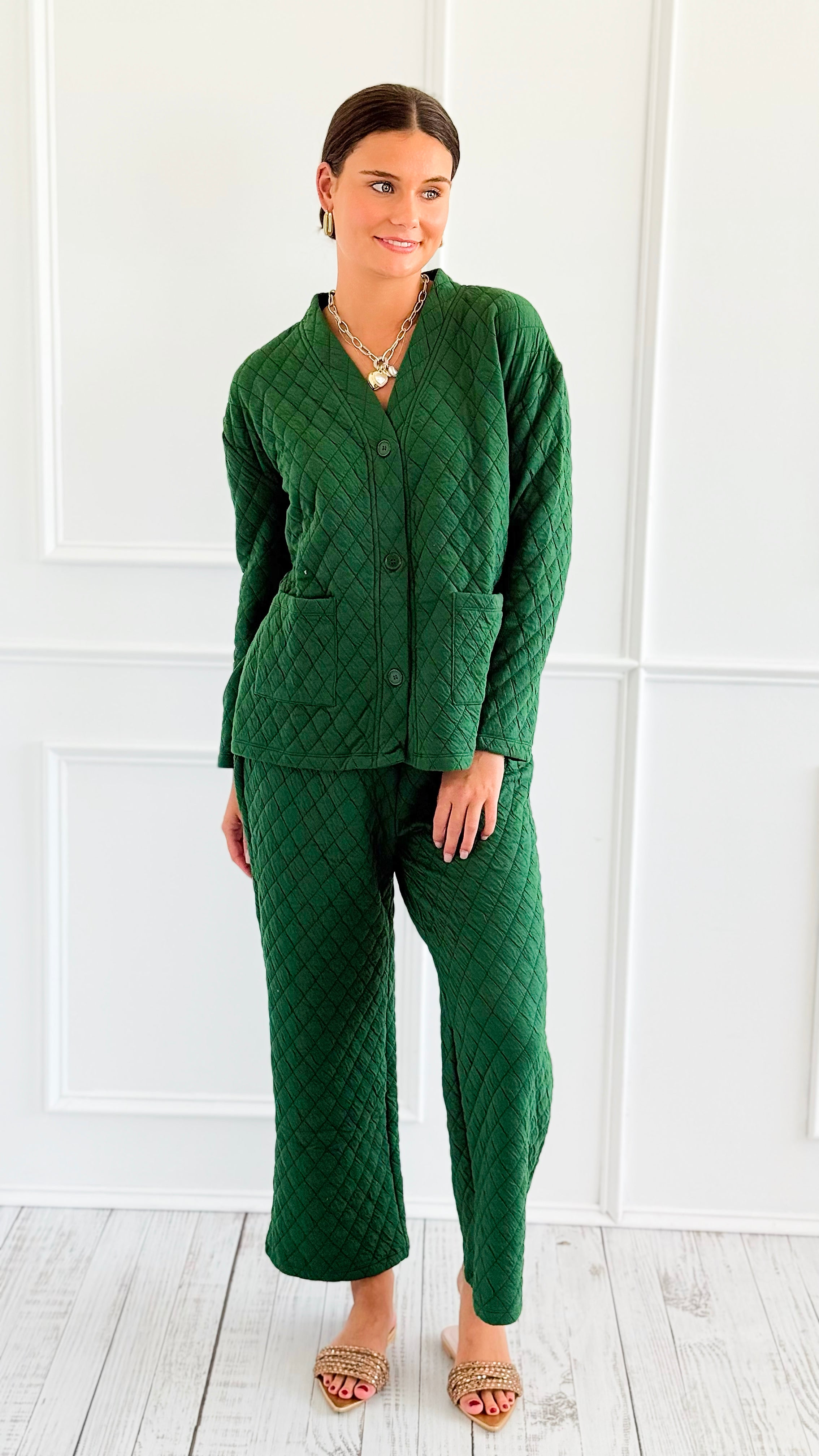 Quilted Jacket and Pants Set - Dark Green-210 Loungewear/Sets-Zenana-Coastal Bloom Boutique, find the trendiest versions of the popular styles and looks Located in Indialantic, FL