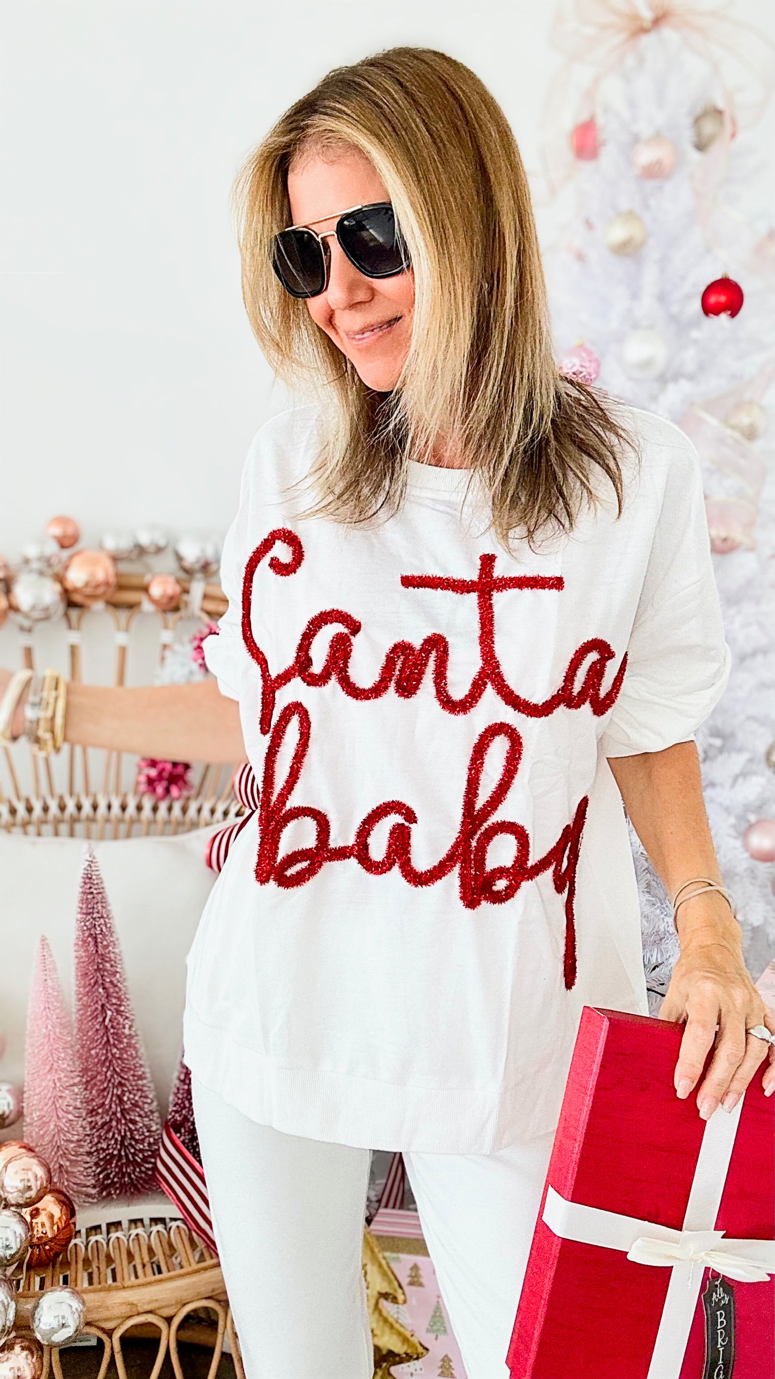 Santa Baby Sweatshirt - White-130 Long Sleeve Tops-BIBI-Coastal Bloom Boutique, find the trendiest versions of the popular styles and looks Located in Indialantic, FL