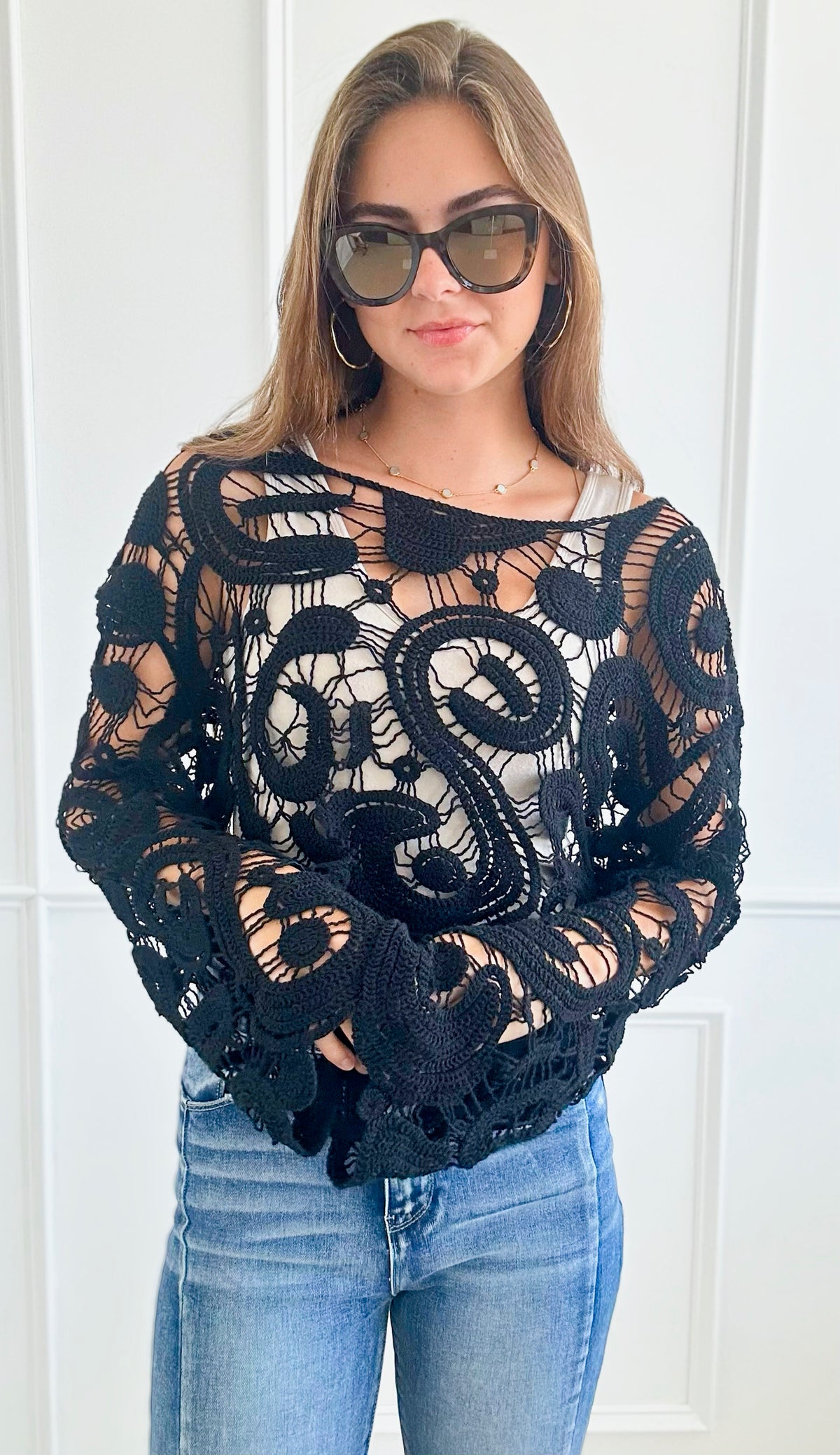 Paisley Pattern Crochet Top - Black-130 Long Sleeve Tops-Miracle-Coastal Bloom Boutique, find the trendiest versions of the popular styles and looks Located in Indialantic, FL