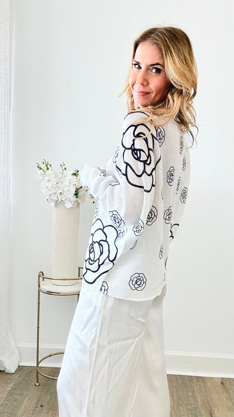 Classic Noir Petals Italian St Tropez Sweater - White-140 Sweaters-Italianissimo-Coastal Bloom Boutique, find the trendiest versions of the popular styles and looks Located in Indialantic, FL