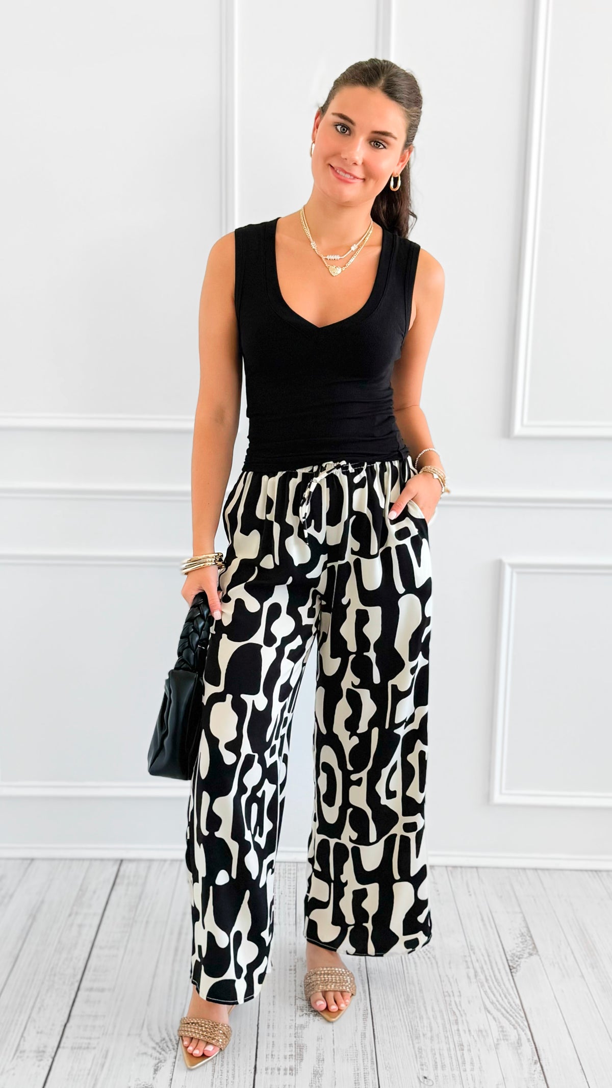 Tropic Whispers Wide Leg Pants - Black-170 Bottoms-GIGIO-Coastal Bloom Boutique, find the trendiest versions of the popular styles and looks Located in Indialantic, FL