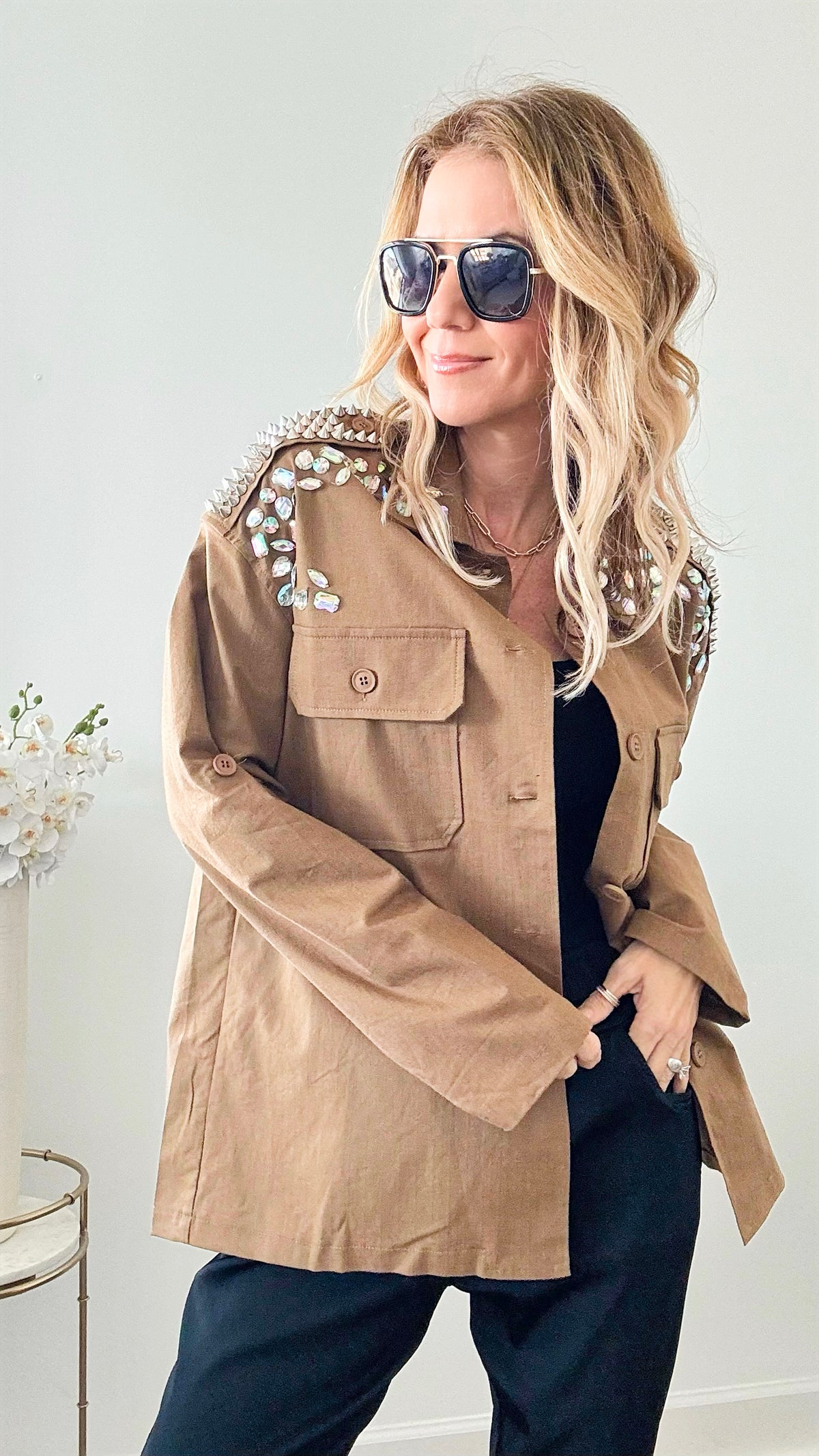 Bejeweled & Stud Embellished Shacket - Mocha-130 Long Sleeve Tops-Rousseau-Coastal Bloom Boutique, find the trendiest versions of the popular styles and looks Located in Indialantic, FL