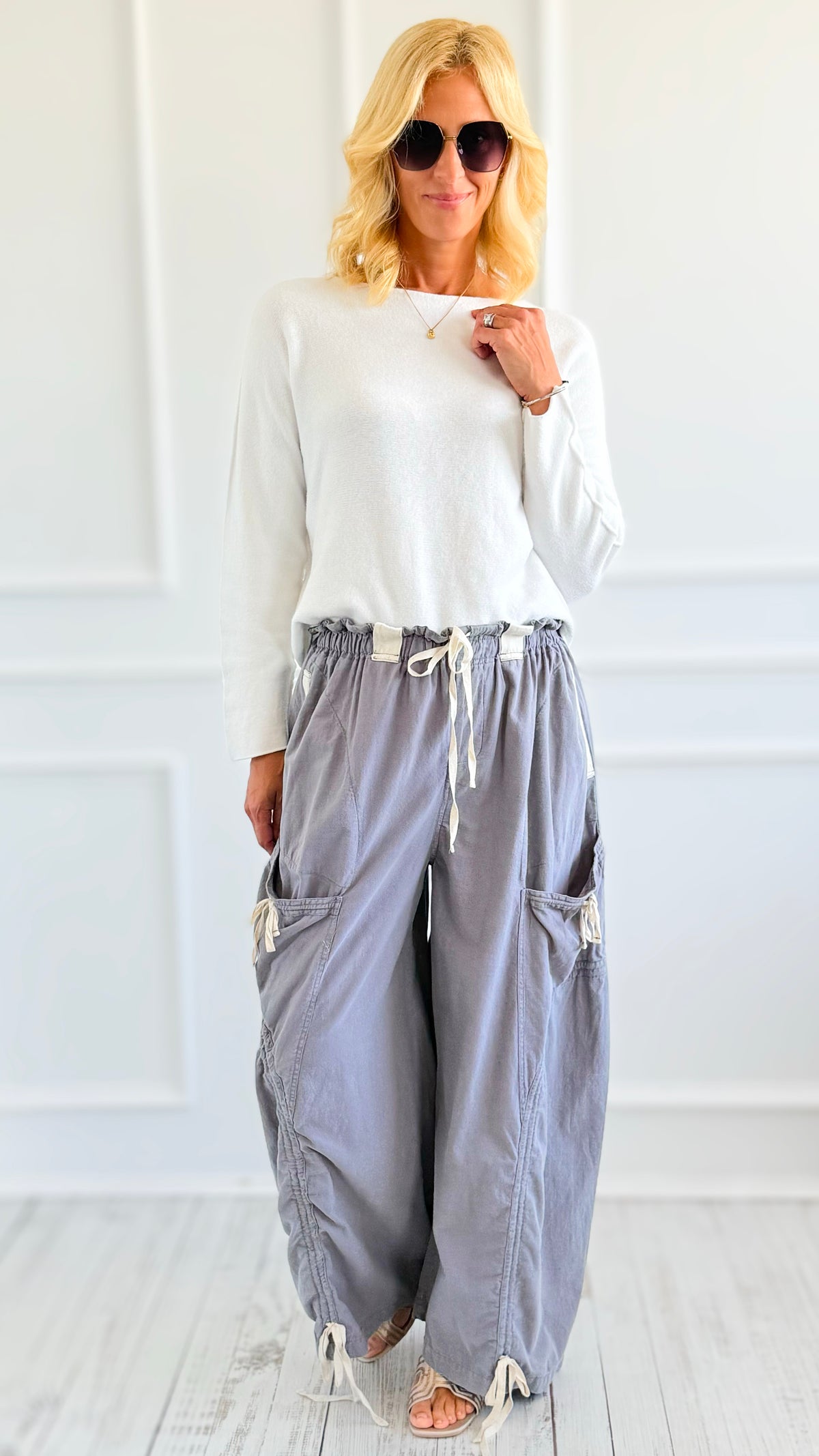 Wide-Leg Drawstring Cotton Pants -Blue Grey-170 Bottoms-Blue Velvet-Coastal Bloom Boutique, find the trendiest versions of the popular styles and looks Located in Indialantic, FL