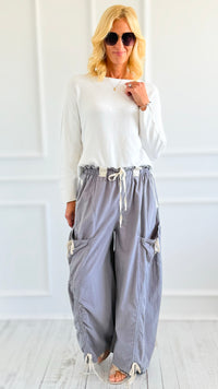 Wide-Leg Drawstring Cotton Pants -Blue Grey-170 Bottoms-Blue Velvet-Coastal Bloom Boutique, find the trendiest versions of the popular styles and looks Located in Indialantic, FL