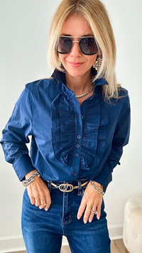 Classic Long Sleeve Navy Cotton Lawn Ruffle Shirt-130 Long Sleeve Tops-Grenouille-Coastal Bloom Boutique, find the trendiest versions of the popular styles and looks Located in Indialantic, FL