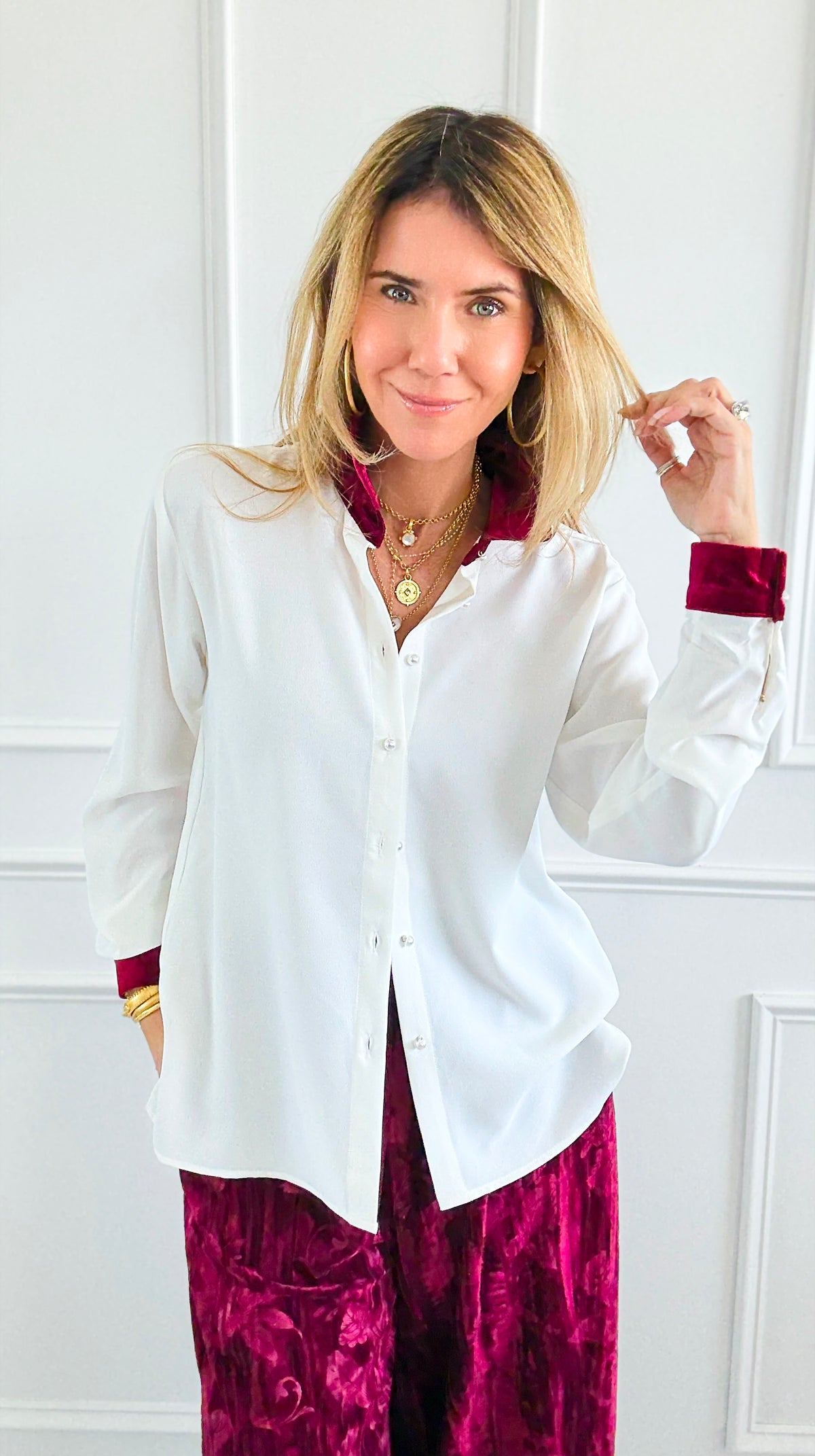 Midnight Contrast Button Down Top - Ivory Wine-130 Long sleeve top-Must Have-Coastal Bloom Boutique, find the trendiest versions of the popular styles and looks Located in Indialantic, FL