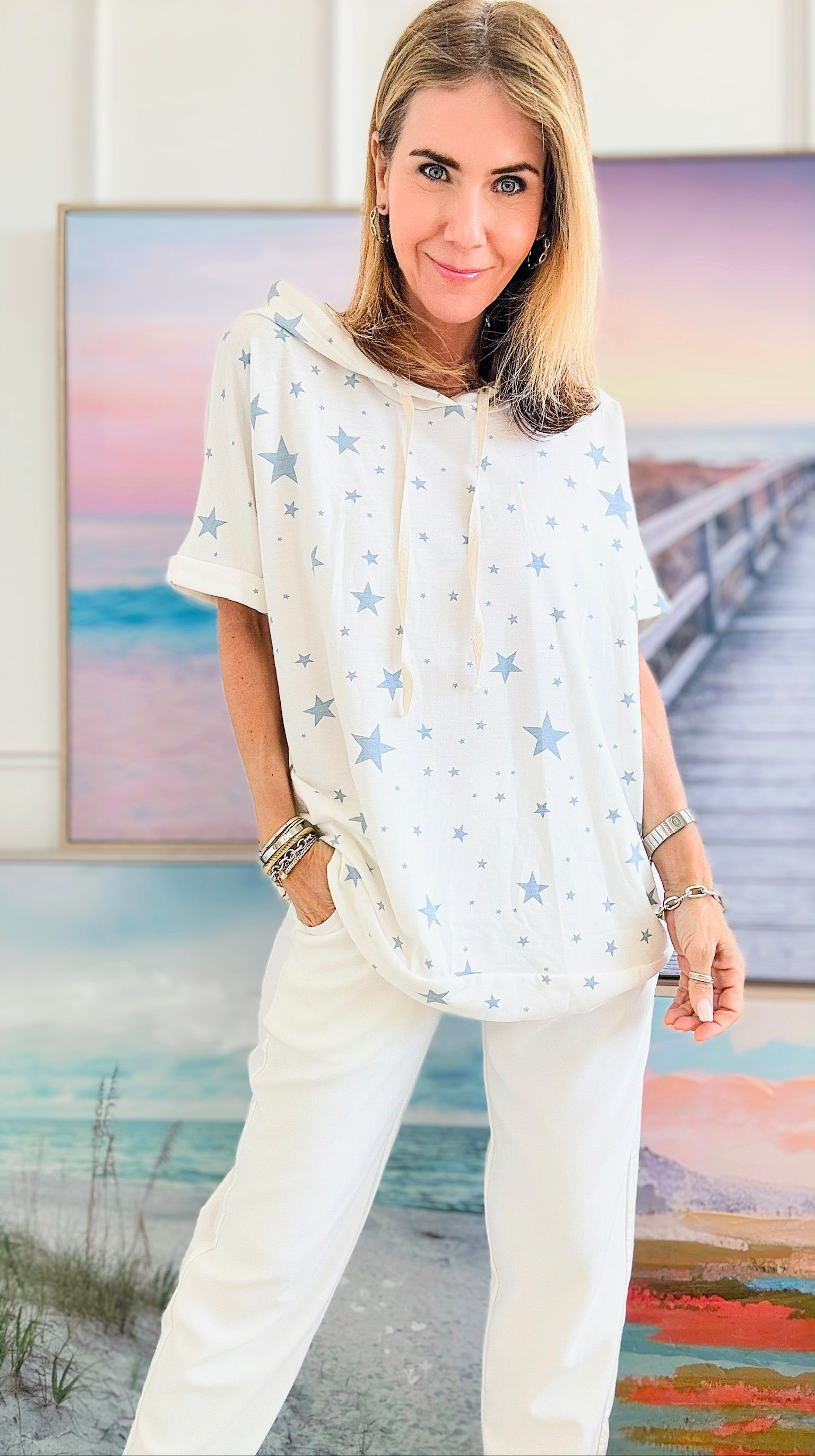 Stars Printed Hoodie Top-110 Short Sleeve Tops-Rousseau-Coastal Bloom Boutique, find the trendiest versions of the popular styles and looks Located in Indialantic, FL