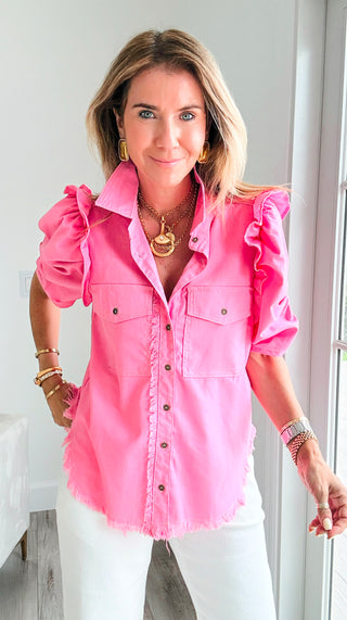 Linen Ruffle Button-Up Shirt - Bubblegum