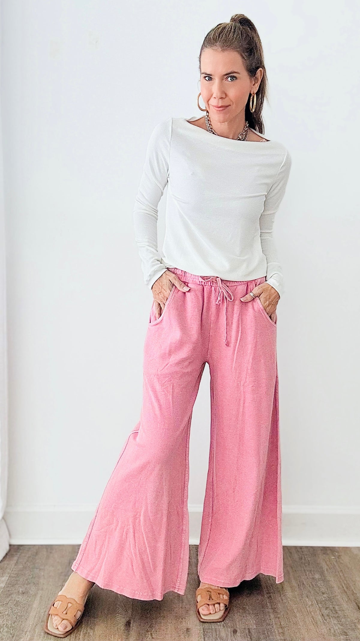 Mineral Washed Terry Wide Pants - Dried Rose-170 Bottoms-EASEL-Coastal Bloom Boutique, find the trendiest versions of the popular styles and looks Located in Indialantic, FL