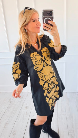Botanical Embroidered V-Neck Dress