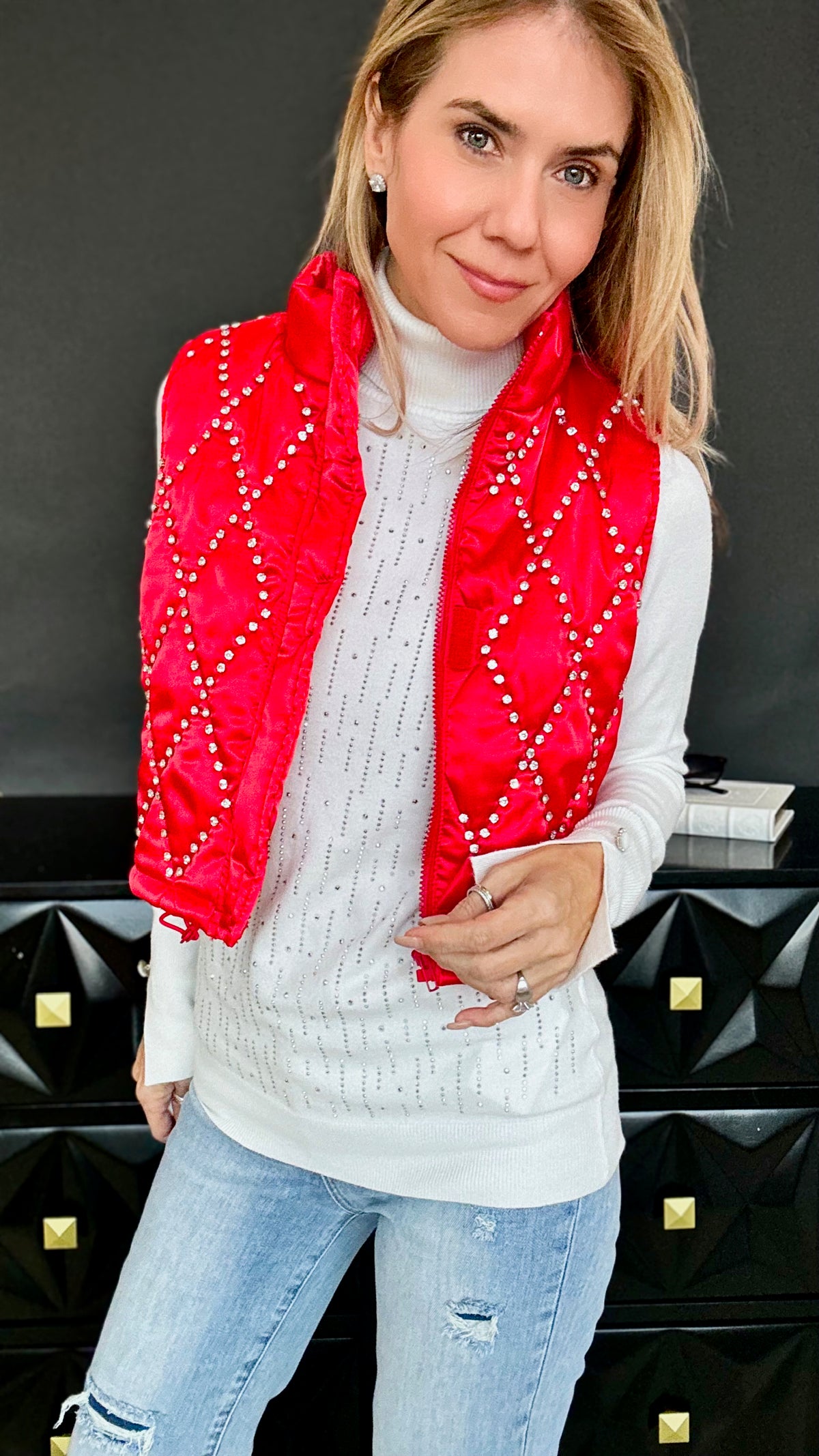 Studded Detail Zip Up Puffer Vest - Red-150 Cardigans/Layers-Blue B-Coastal Bloom Boutique, find the trendiest versions of the popular styles and looks Located in Indialantic, FL