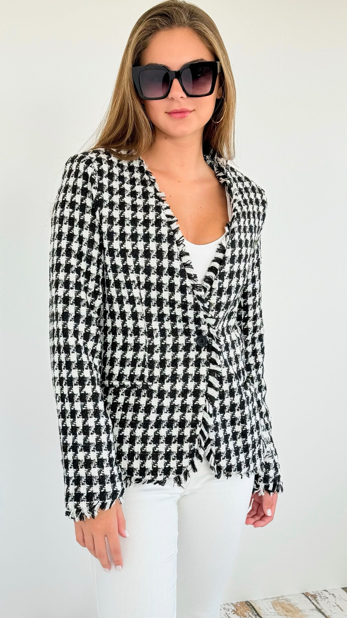 Houndstooth Tweed Blazer-160 Jackets-ROUSSEAU-Coastal Bloom Boutique, find the trendiest versions of the popular styles and looks Located in Indialantic, FL