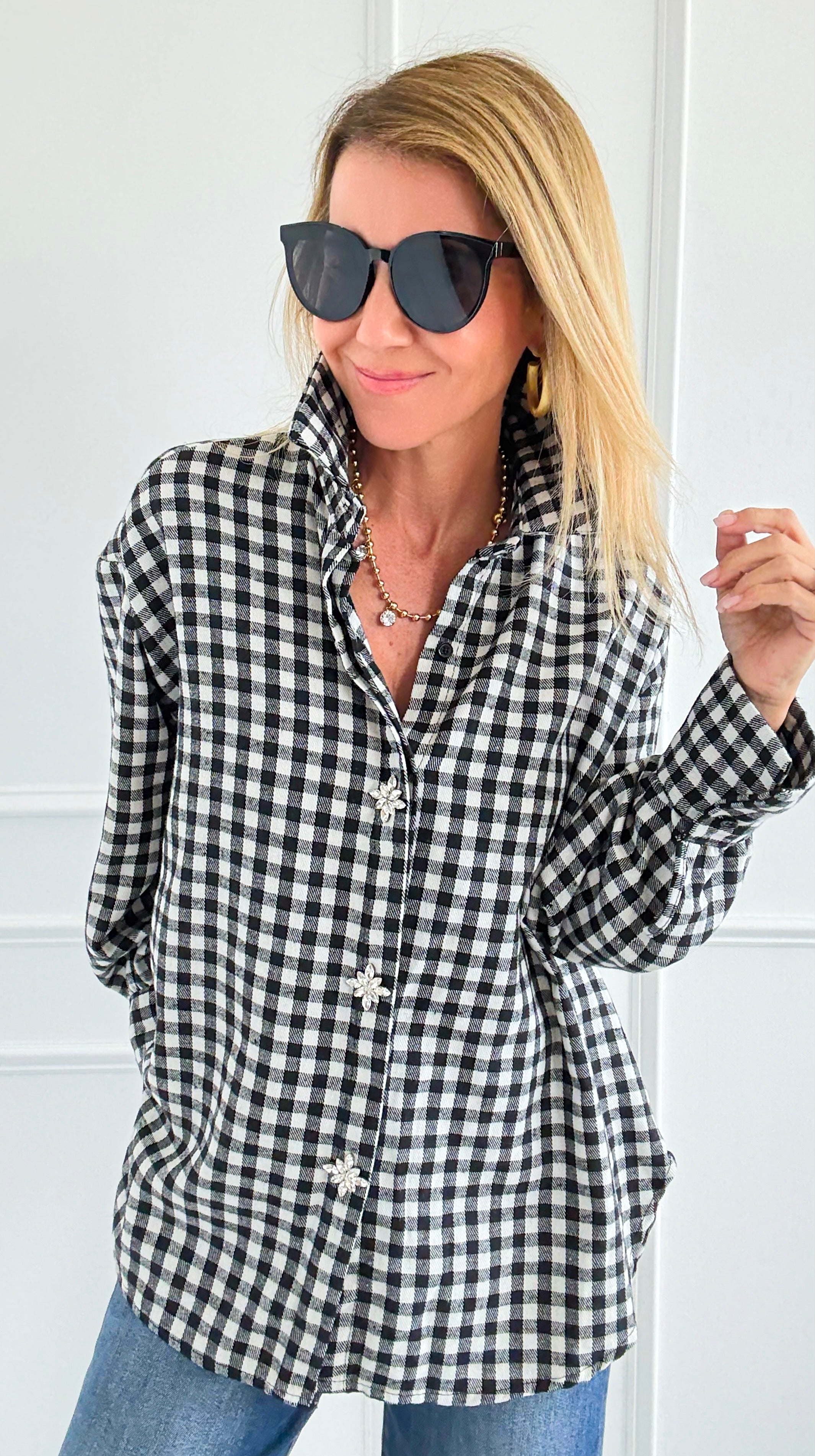 Checked-In Italian Woven Top-110 Long Sleeve Tops-TATTOO Z-Coastal Bloom Boutique, find the trendiest versions of the popular styles and looks Located in Indialantic, FL