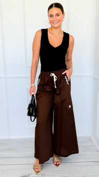 Pocket Glam Italian Flare Leg Pant- Brown-100 Pants-TATTOO Z-Coastal Bloom Boutique, find the trendiest versions of the popular styles and looks Located in Indialantic, FL