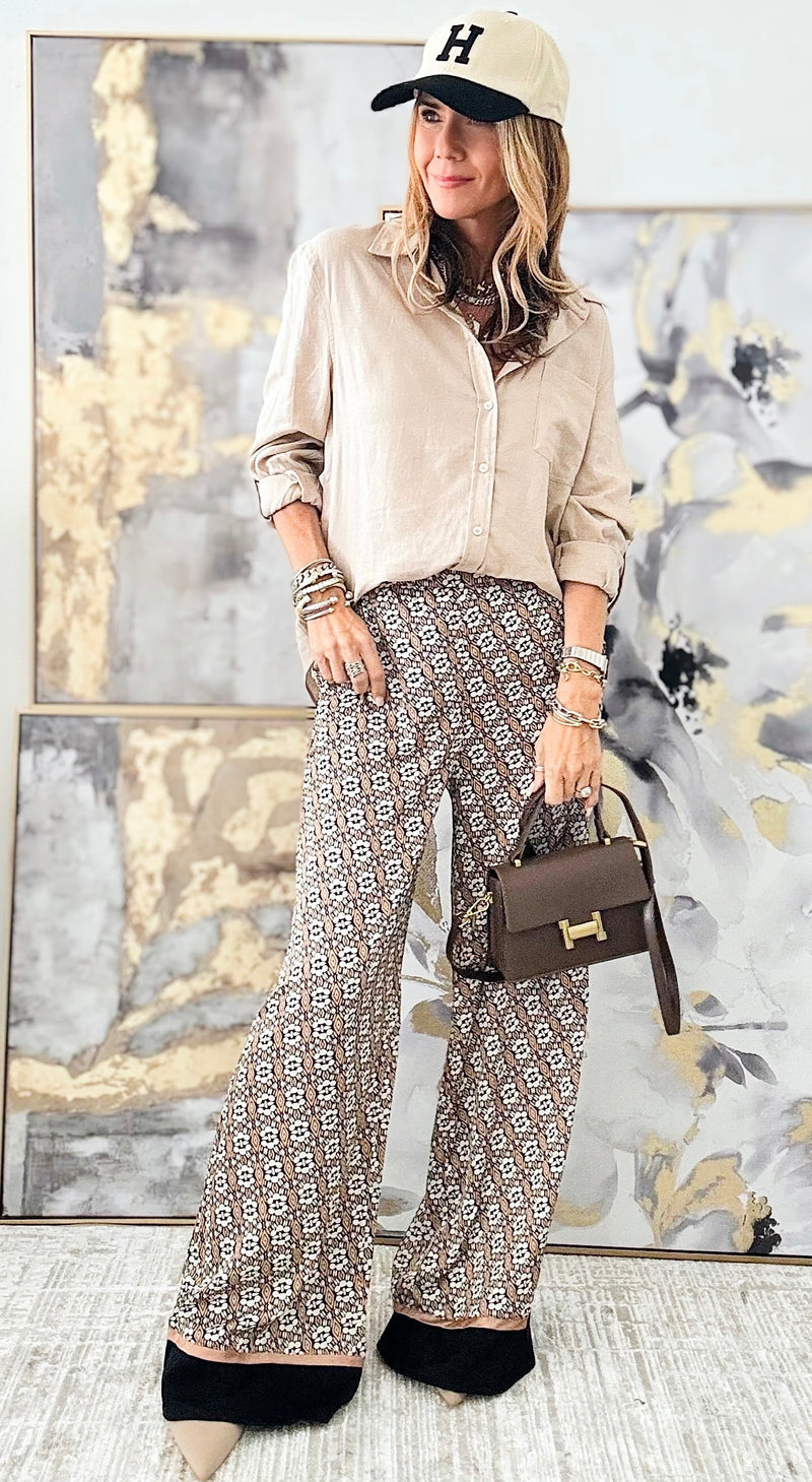 Printed Flare Pants - Brown-170 Bottoms-EESOME-Coastal Bloom Boutique, find the trendiest versions of the popular styles and looks Located in Indialantic, FL