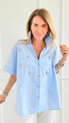 Starlight Scatter Italian Button Top- Sky Blue-170 bottoms-TATTOO Z-Coastal Bloom Boutique, find the trendiest versions of the popular styles and looks Located in Indialantic, FL