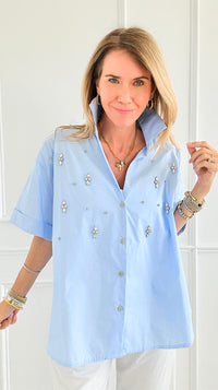 Starlight Scatter Italian Button Top- Sky Blue-170 bottoms-TATTOO Z-Coastal Bloom Boutique, find the trendiest versions of the popular styles and looks Located in Indialantic, FL