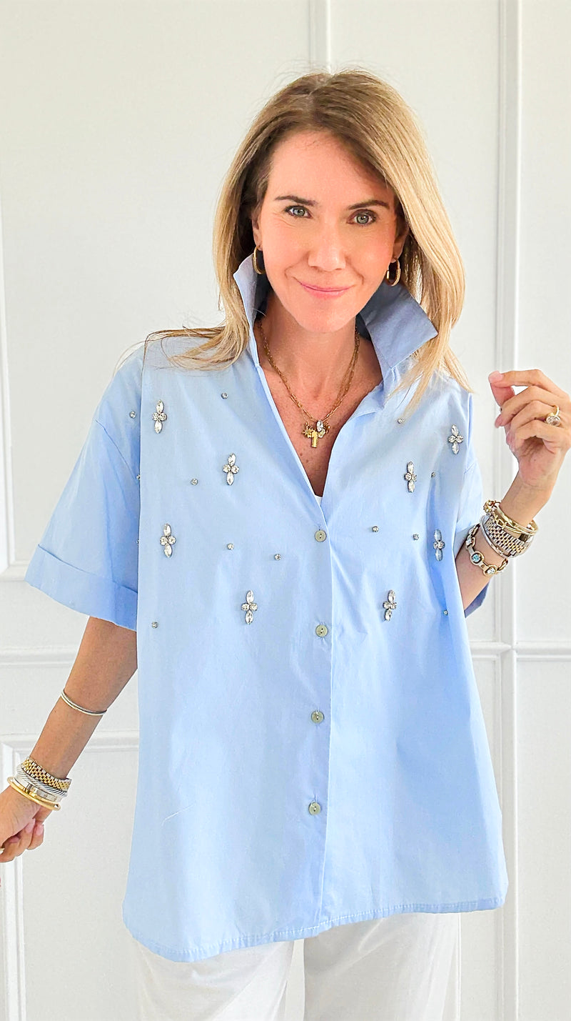 Starlight Scatter Italian Button Top- Sky Blue-170 bottoms-TATTOO Z-Coastal Bloom Boutique, find the trendiest versions of the popular styles and looks Located in Indialantic, FL