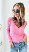 Ribbed V Neck Sweater - Pink-140 Sweaters-Michel-Coastal Bloom Boutique, find the trendiest versions of the popular styles and looks Located in Indialantic, FL