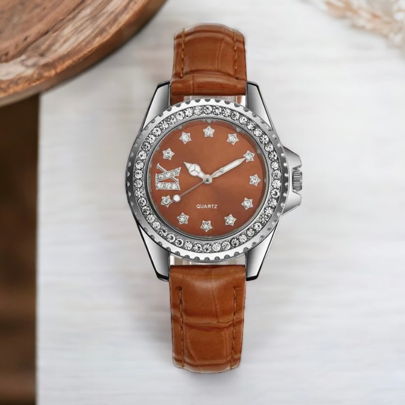 CZ Wish Upon a Star Leather Watch - Brown-230 Jewelry-Chasing Bandits-Coastal Bloom Boutique, find the trendiest versions of the popular styles and looks Located in Indialantic, FL