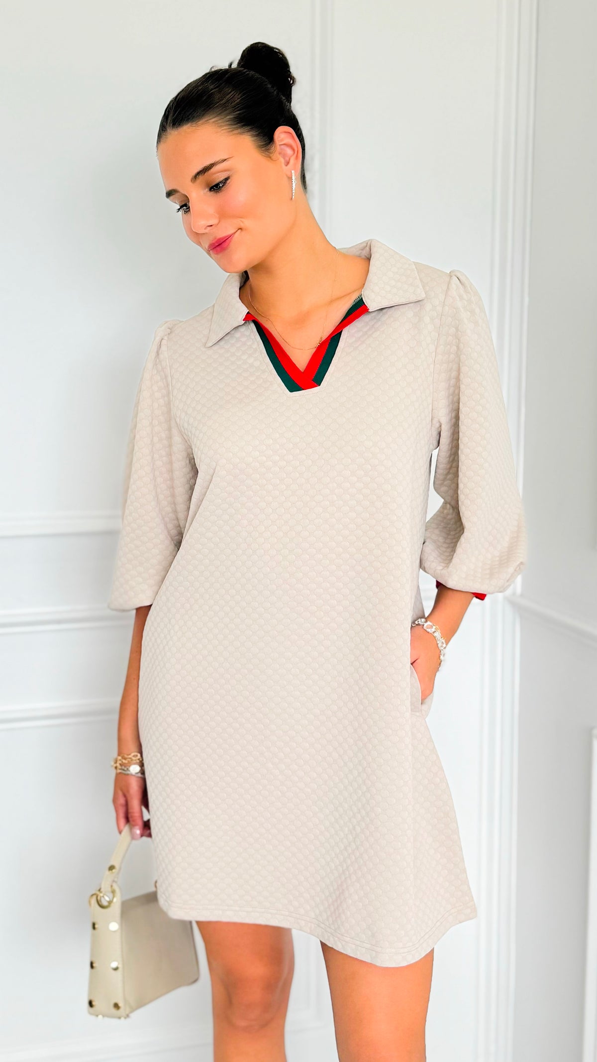 Prep School Puff Sleeve Dress - Beige-200 Dresses/Jumpsuits/Rompers-JODIFL-Coastal Bloom Boutique, find the trendiest versions of the popular styles and looks Located in Indialantic, FL