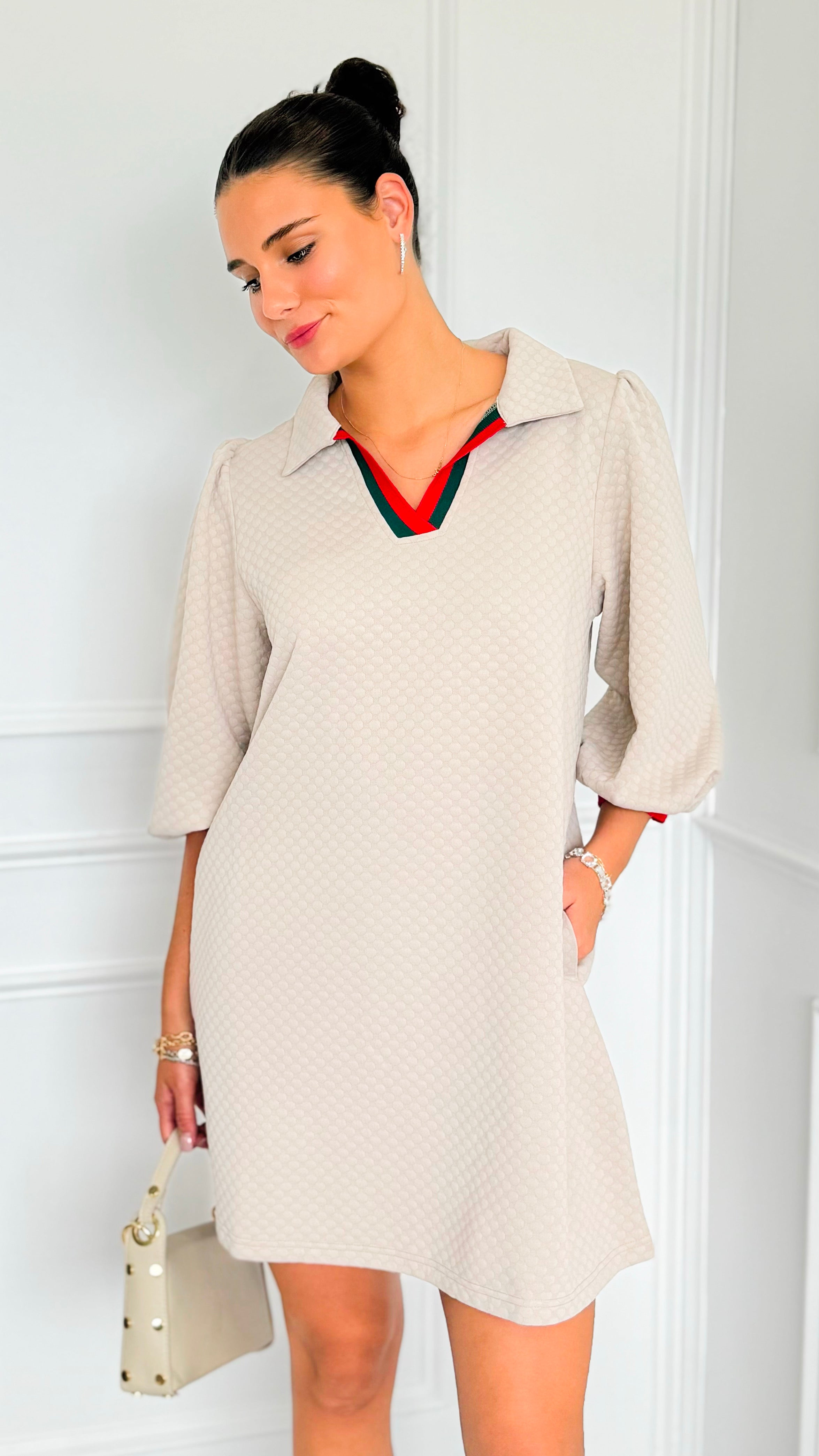 Prep School Puff Sleeve Dress - Beige-200 Dresses/Jumpsuits/Rompers-JODIFL-Coastal Bloom Boutique, find the trendiest versions of the popular styles and looks Located in Indialantic, FL