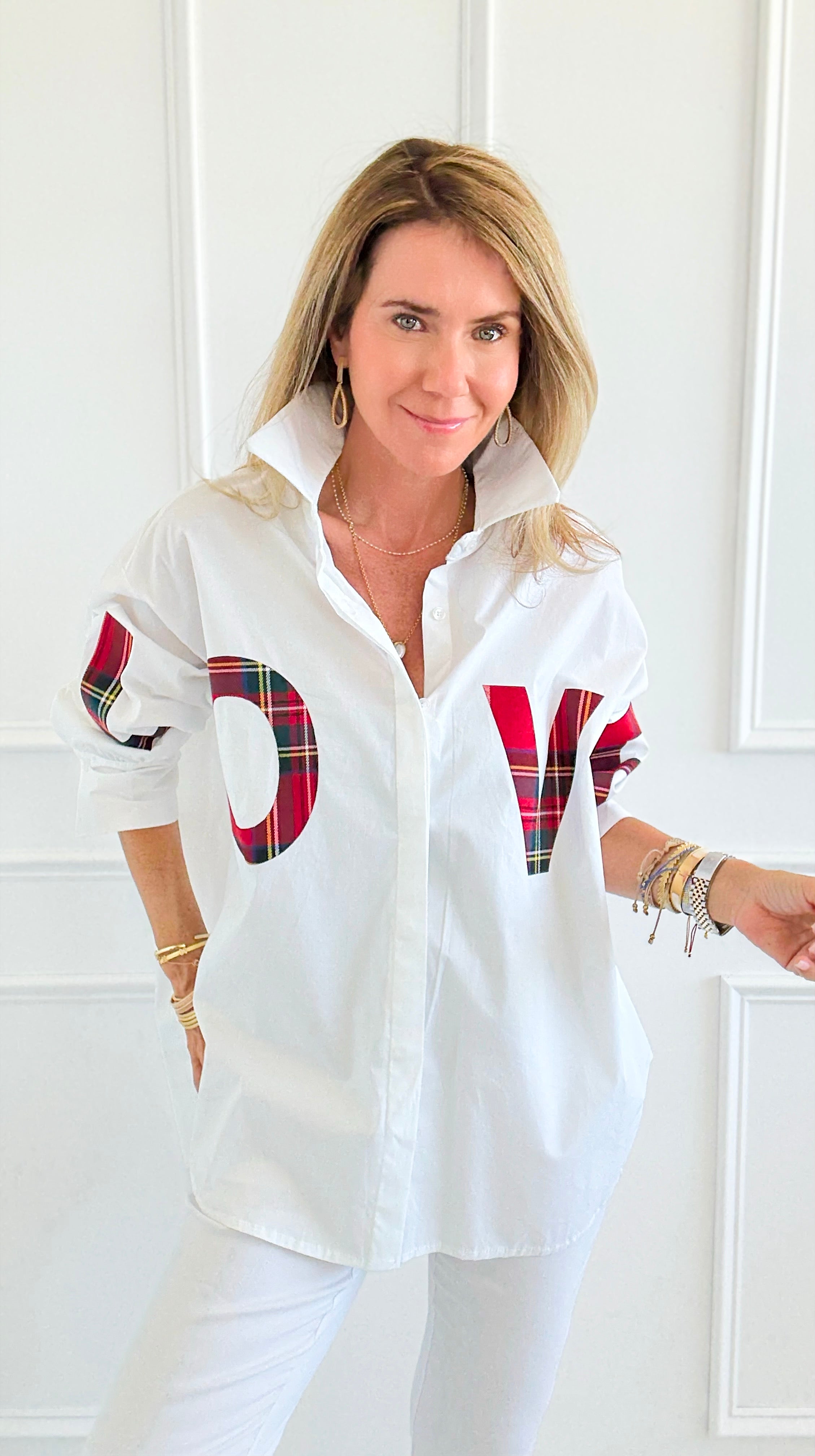 Tartan Love Italian Blouse-110 Long Sleeve Tops-TATTOO Z-Coastal Bloom Boutique, find the trendiest versions of the popular styles and looks Located in Indialantic, FL