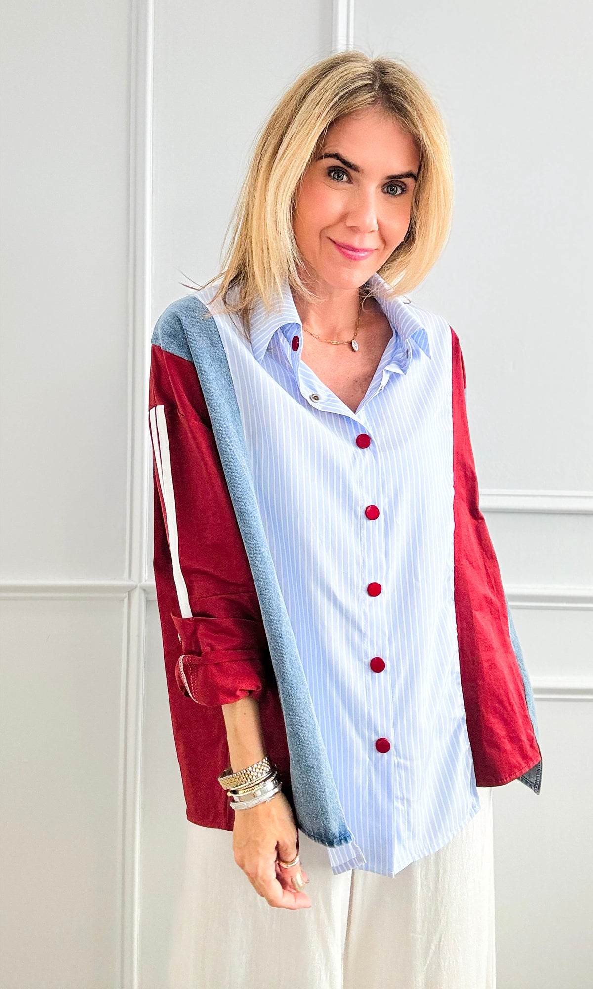 Patchwork Button-Up Blouse-130 Long Sleeve Tops-LA ROS-Coastal Bloom Boutique, find the trendiest versions of the popular styles and looks Located in Indialantic, FL