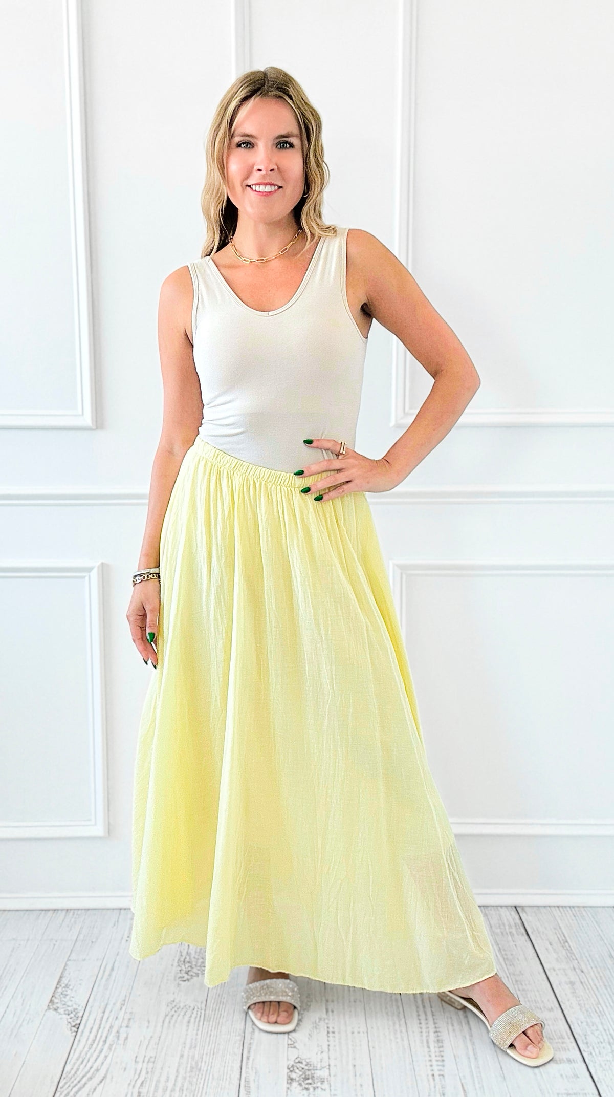 Serenity Italian Skirt- Yellow-170 bottoms-Italianissimo-Coastal Bloom Boutique, find the trendiest versions of the popular styles and looks Located in Indialantic, FL