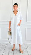 Pleated Collar Midi Dres-White-200 Dresses/Jumpsuits/Rompers-Adrienne-Coastal Bloom Boutique, find the trendiest versions of the popular styles and looks Located in Indialantic, FL