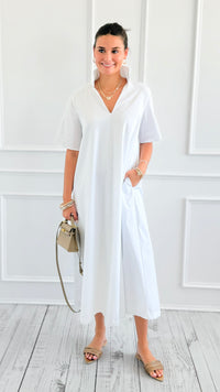 Pleated Collar Midi Dres-White-200 Dresses/Jumpsuits/Rompers-Adrienne-Coastal Bloom Boutique, find the trendiest versions of the popular styles and looks Located in Indialantic, FL