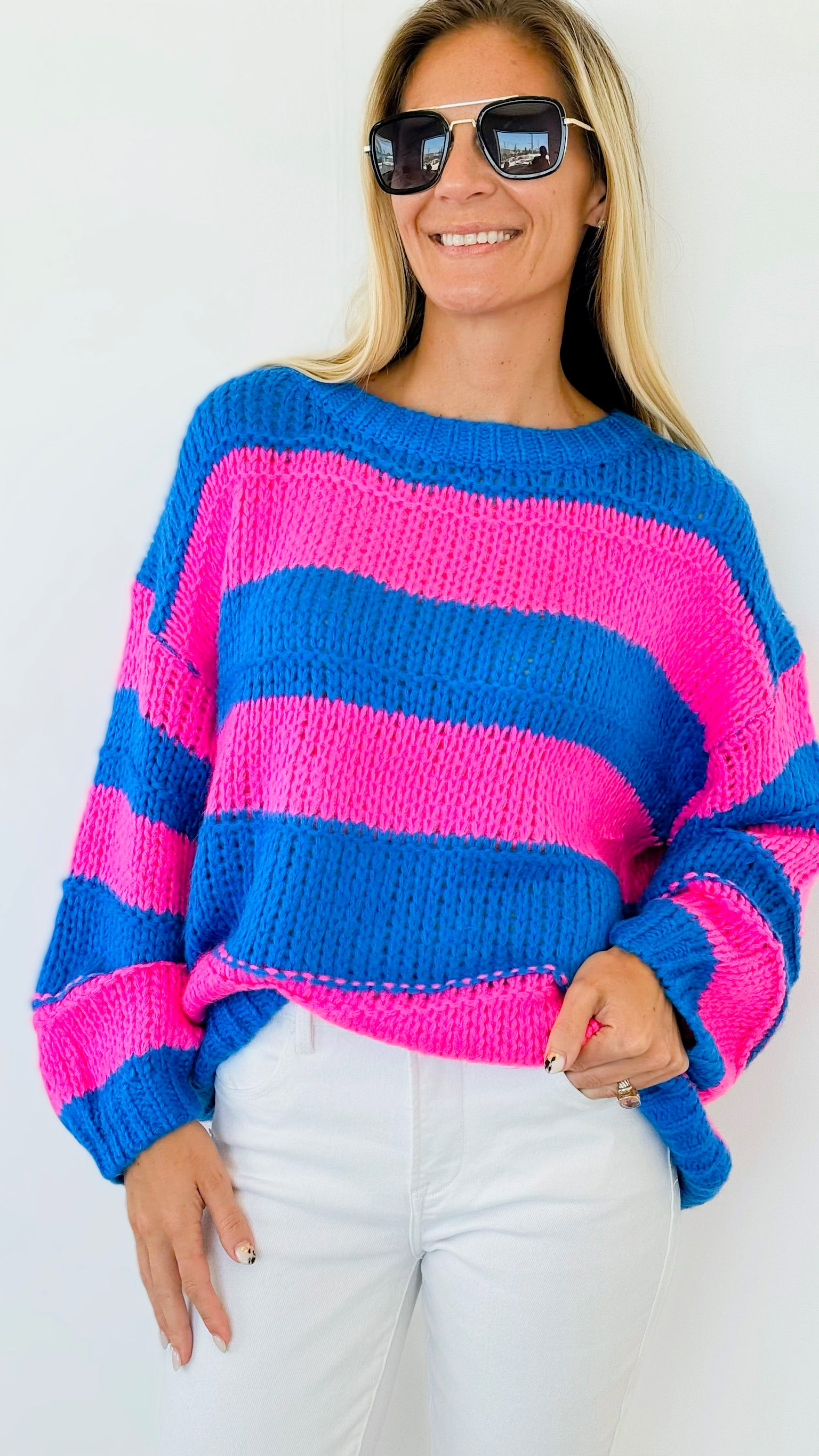 Striped Bubble Sleeve Knitted Sweater - Blue & Pink-140 Sweaters-Miracle-Coastal Bloom Boutique, find the trendiest versions of the popular styles and looks Located in Indialantic, FL