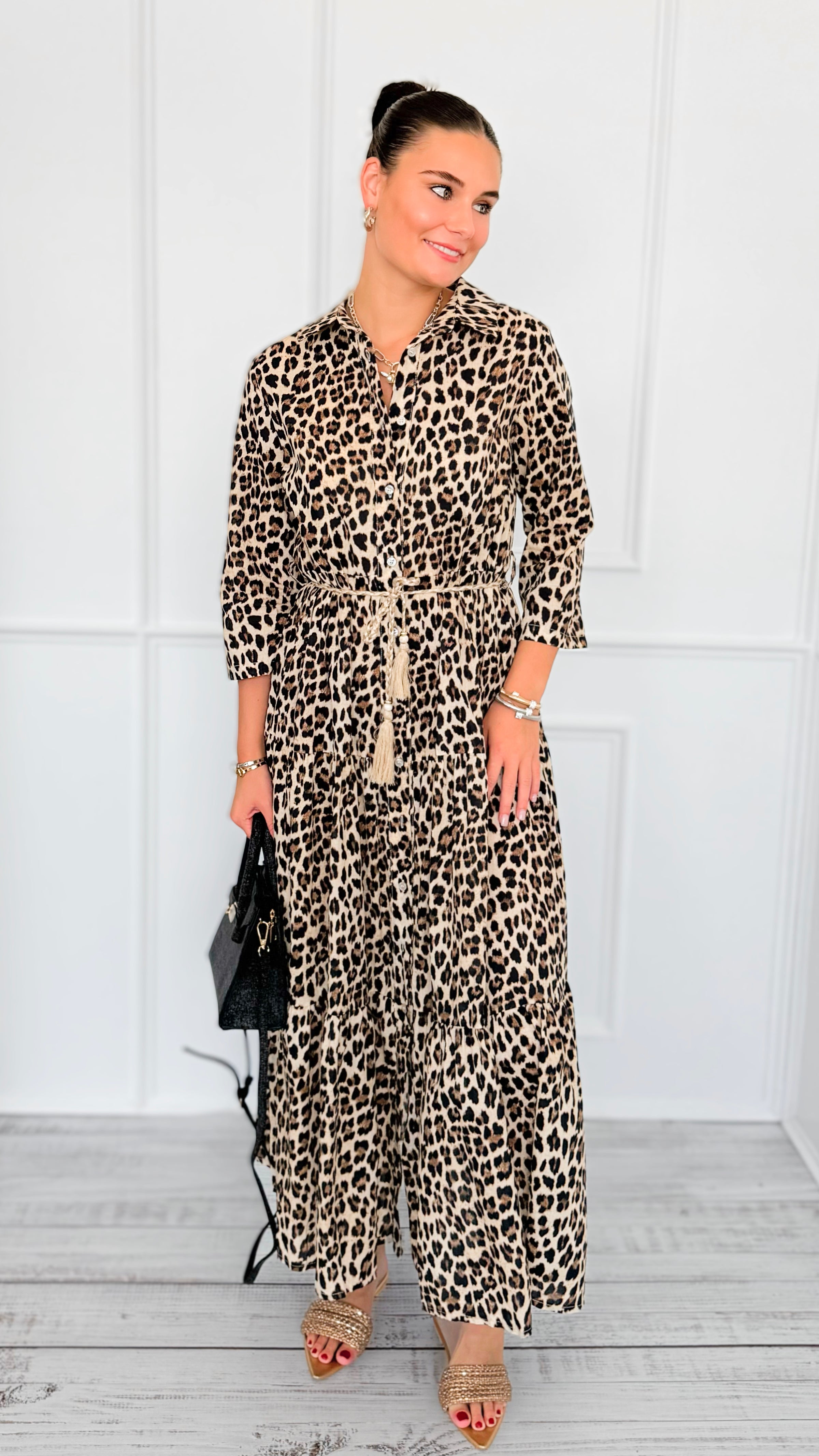 Leopard Paws Button Italian Long Dress-200 Dresses/Jumpsuits/Rompers-FH GROUP-Coastal Bloom Boutique, find the trendiest versions of the popular styles and looks Located in Indialantic, FL