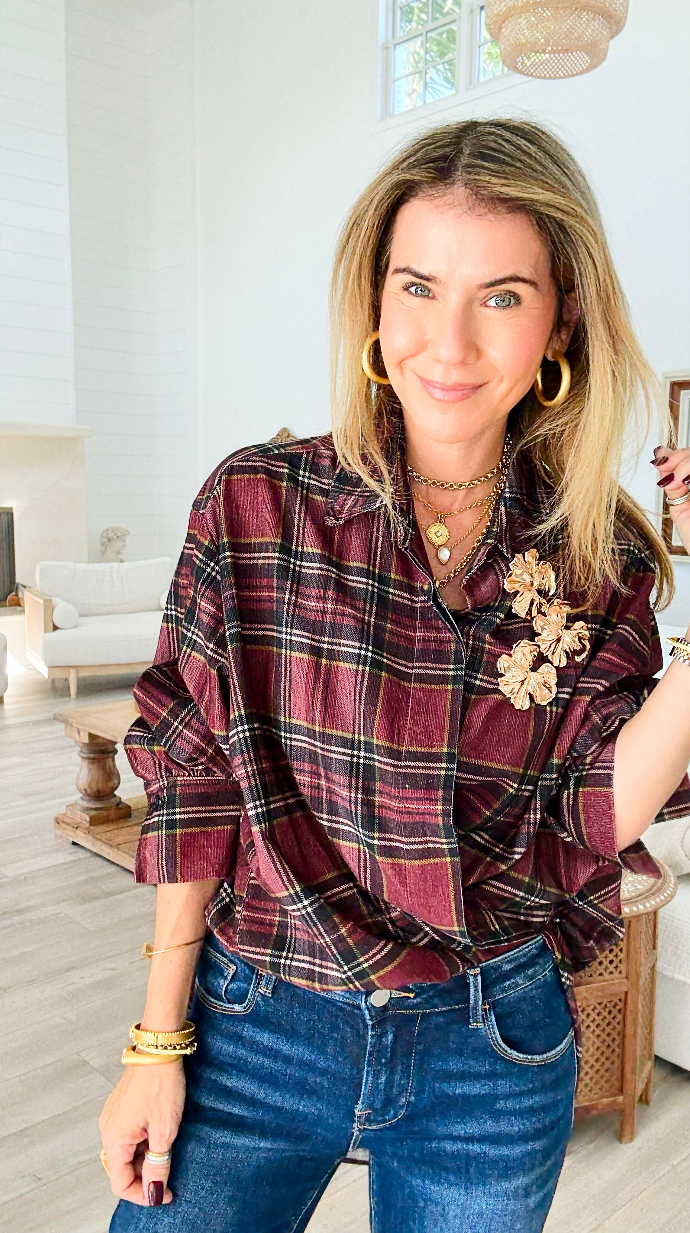 Plaid Petals Corduroy Italian Blouse