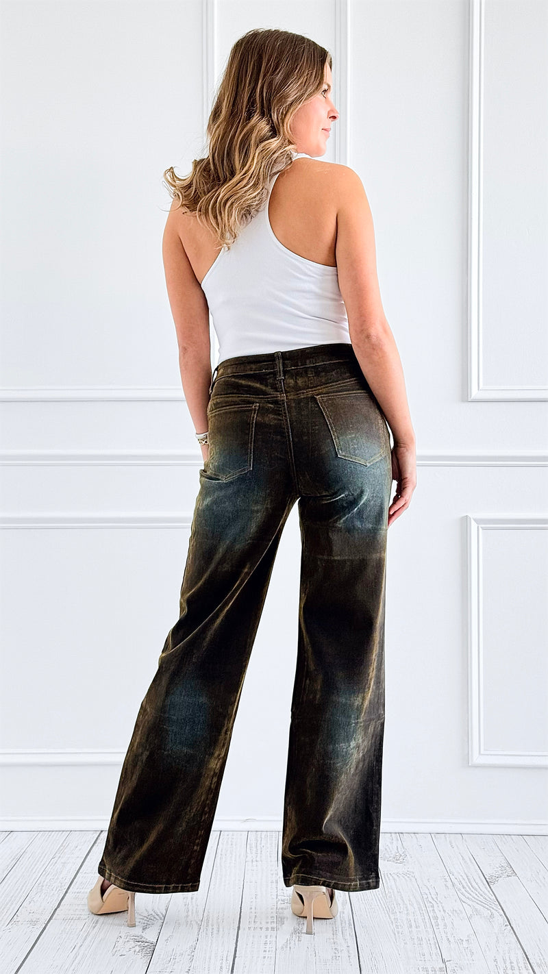 Velvet Wide-Leg Denim Pants - Brown-170 Bottoms-JJ'S FAIRYLAND-Coastal Bloom Boutique, find the trendiest versions of the popular styles and looks Located in Indialantic, FL