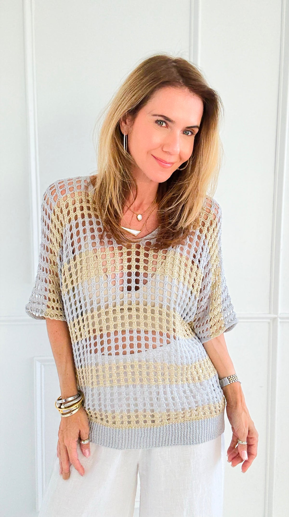 Shimmer Stripe Italian Crochet-110 short Sleeve Top-SEPTIMO-Coastal Bloom Boutique, find the trendiest versions of the popular styles and looks Located in Indialantic, FL