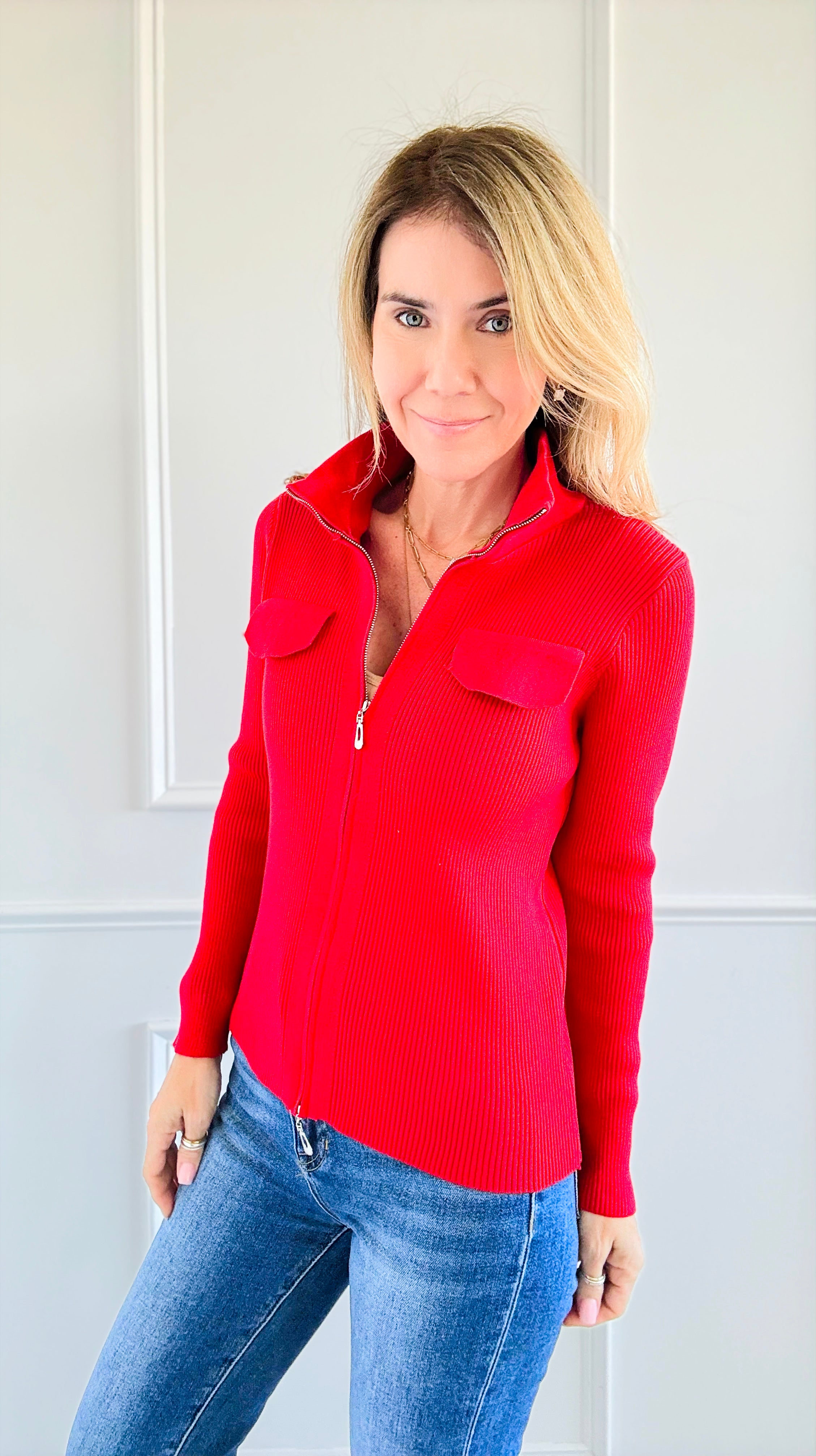 Bold Elegance Zip-Up Knit Top - Red-130 Long Sleeve Tops-Chasing Bandits-Coastal Bloom Boutique, find the trendiest versions of the popular styles and looks Located in Indialantic, FL