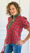 Checked Charm Puff Sleeve Top-110 Short Sleeve Tops-entro-Coastal Bloom Boutique, find the trendiest versions of the popular styles and looks Located in Indialantic, FL