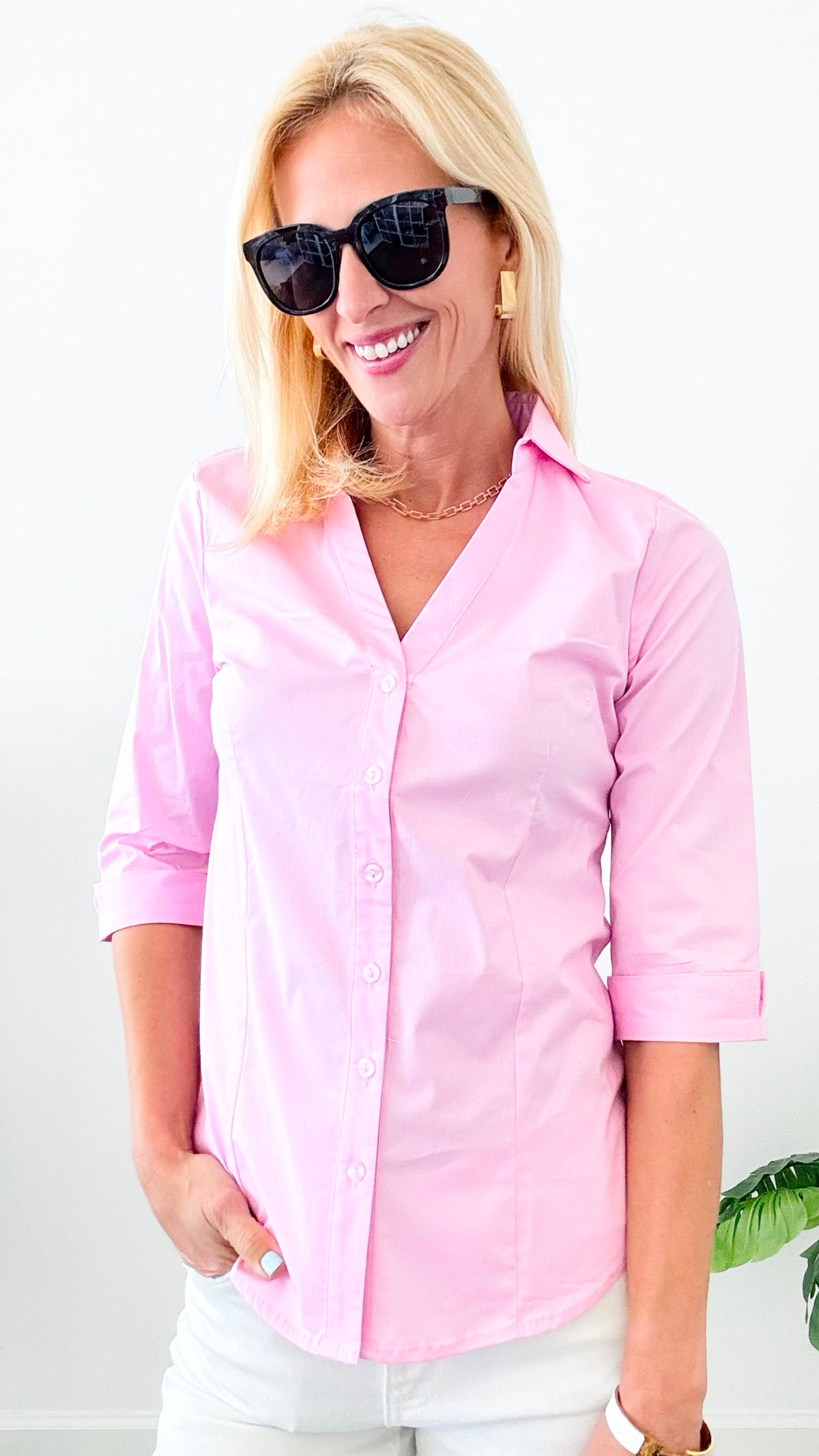 V-Neck Blouse - Pink-110 Short Sleeve Tops-Michel-Coastal Bloom Boutique, find the trendiest versions of the popular styles and looks Located in Indialantic, FL