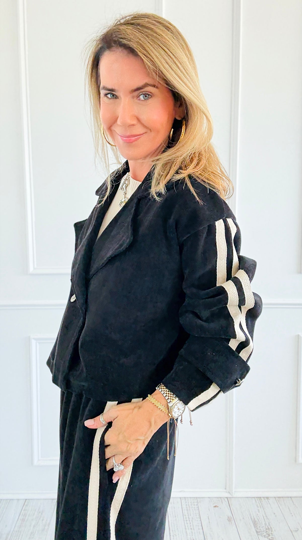 Tracked Threads Cropped Italian Jacket- Black