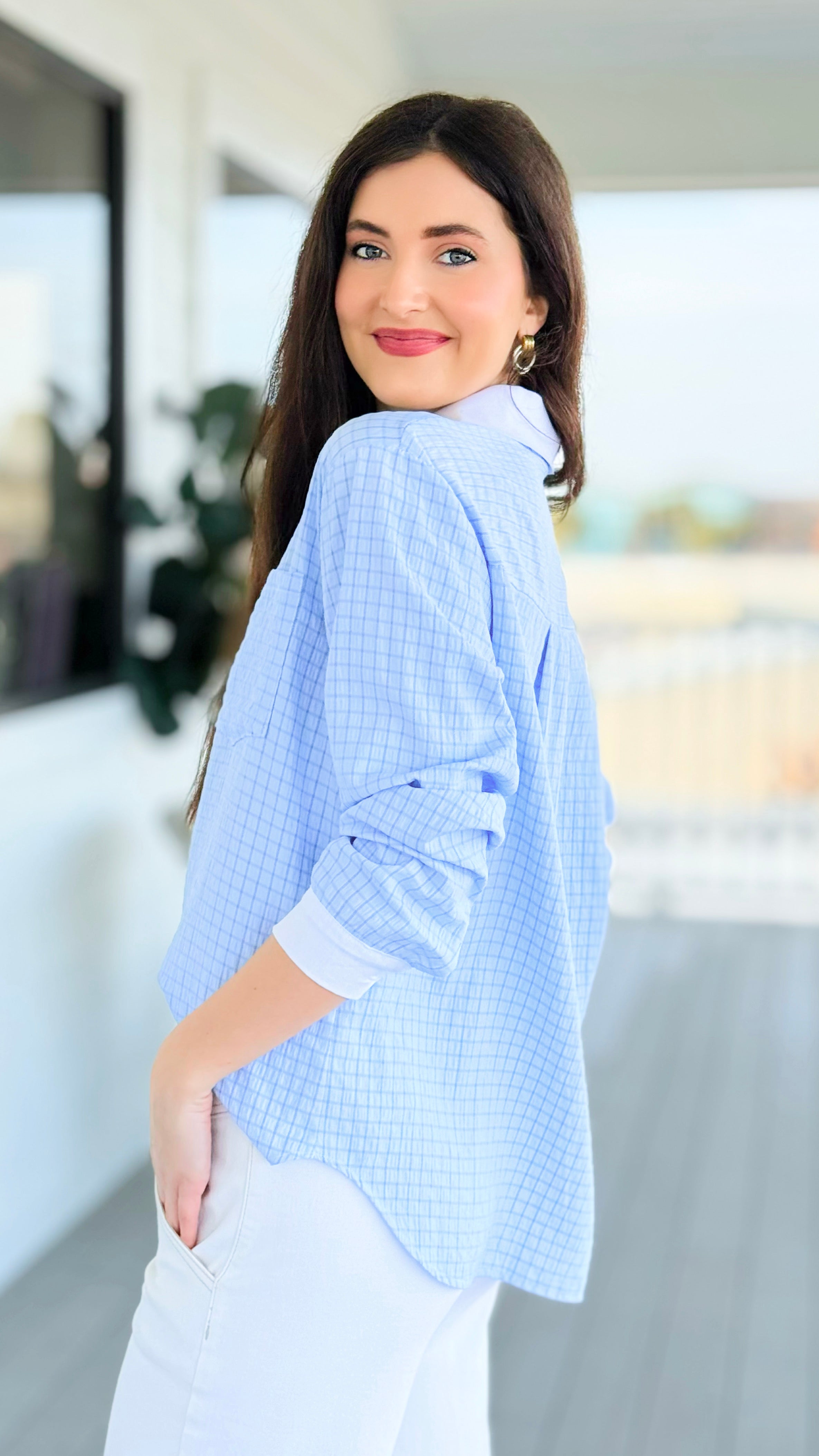 Smart Lines Italian Button Top- Blue