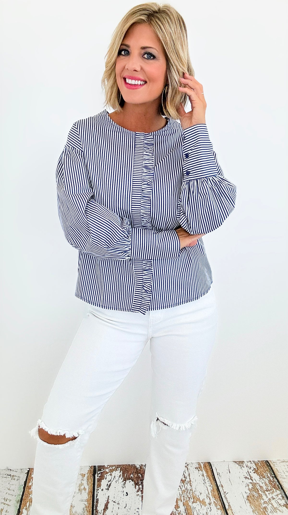 Parisian Stripe Ruffle Blouse - Blue-130 Long Sleeve Tops-ROUSSEAU-Coastal Bloom Boutique, find the trendiest versions of the popular styles and looks Located in Indialantic, FL