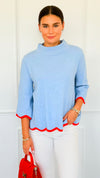 Waves & Whimsy Scallop Sweater- Soft Blue/Orange-140 Sweaters-Fate Inc-Coastal Bloom Boutique, find the trendiest versions of the popular styles and looks Located in Indialantic, FL