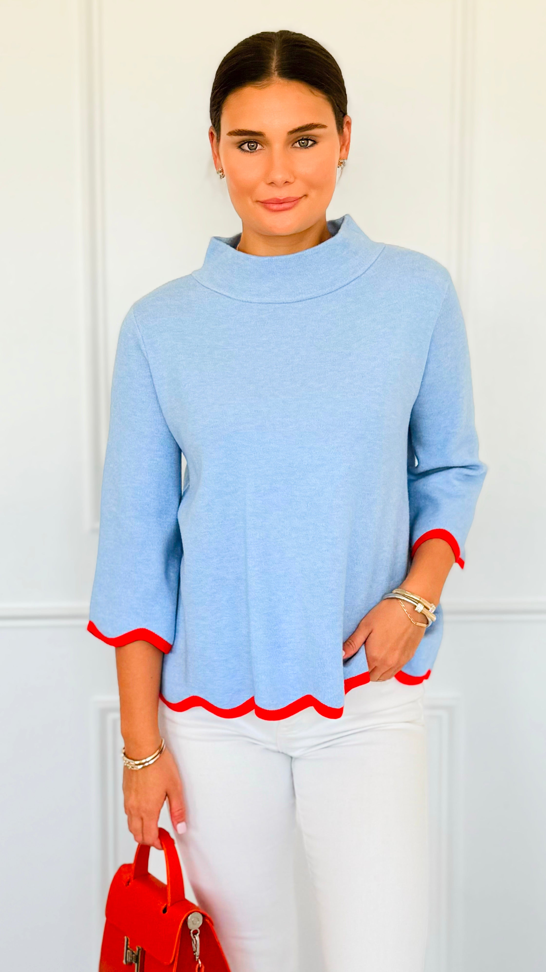 Waves & Whimsy Scallop Sweater- Soft Blue/Orange-140 Sweaters-Fate Inc-Coastal Bloom Boutique, find the trendiest versions of the popular styles and looks Located in Indialantic, FL
