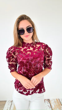 Sheer Lace Top- Burgundy-110 Short Sleeve Tops-pastel design-Coastal Bloom Boutique, find the trendiest versions of the popular styles and looks Located in Indialantic, FL