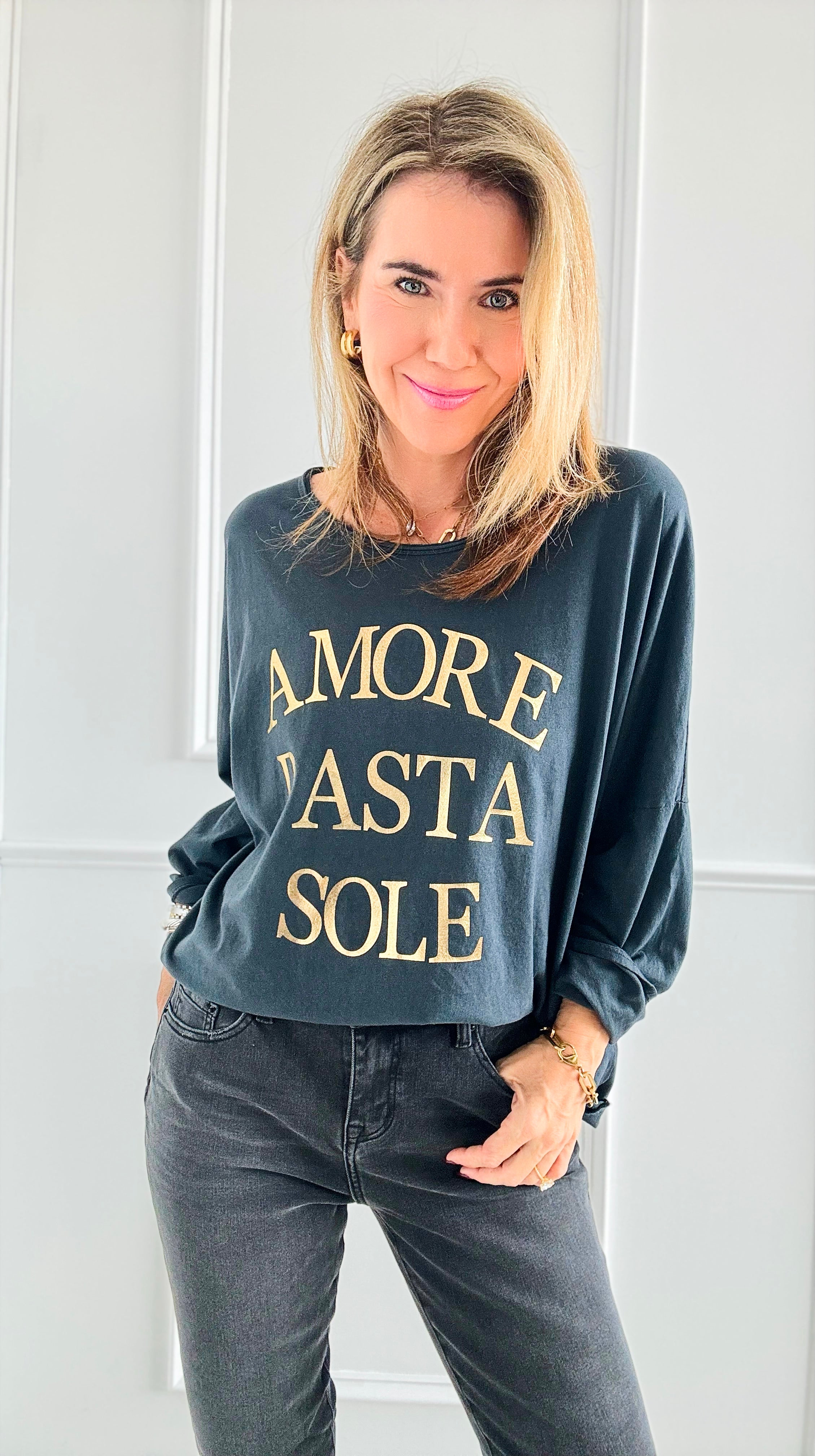 " Amore Pasta Sole" Italian T- Shirt- Charcoal-t-shirt-Italianissimo-Coastal Bloom Boutique, find the trendiest versions of the popular styles and looks Located in Indialantic, FL