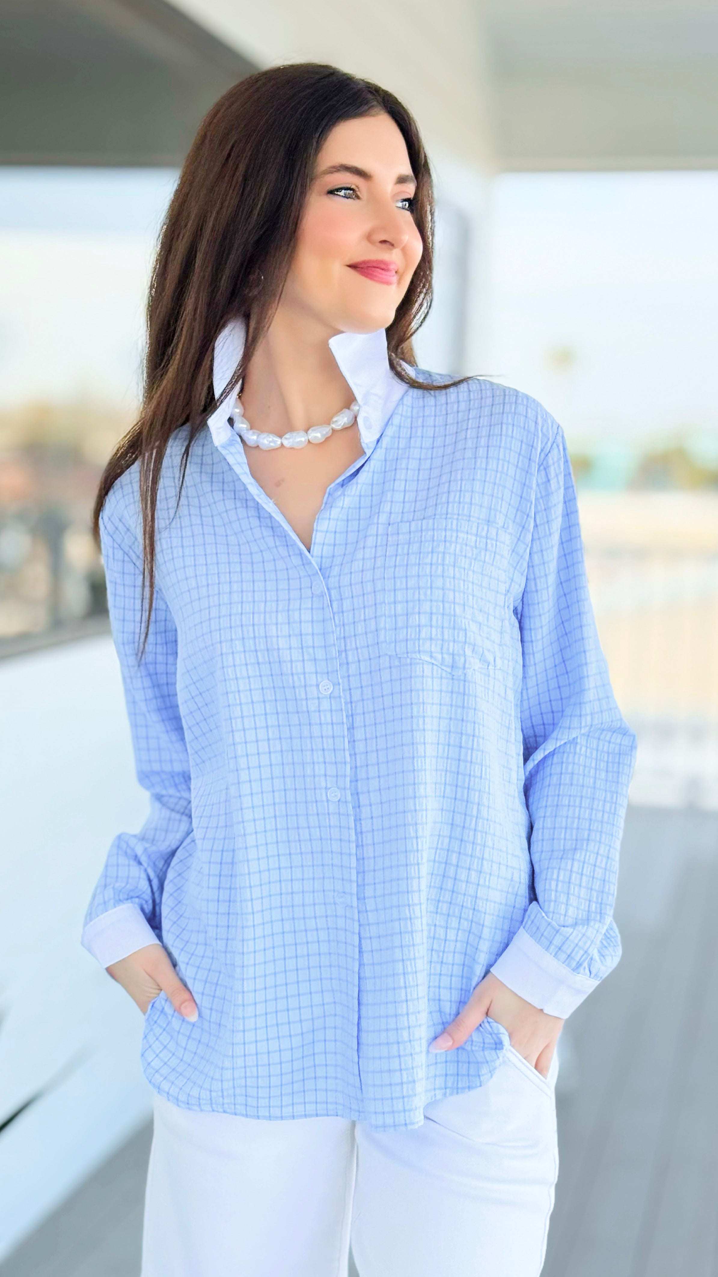 Smart Lines Italian Button Top- Blue