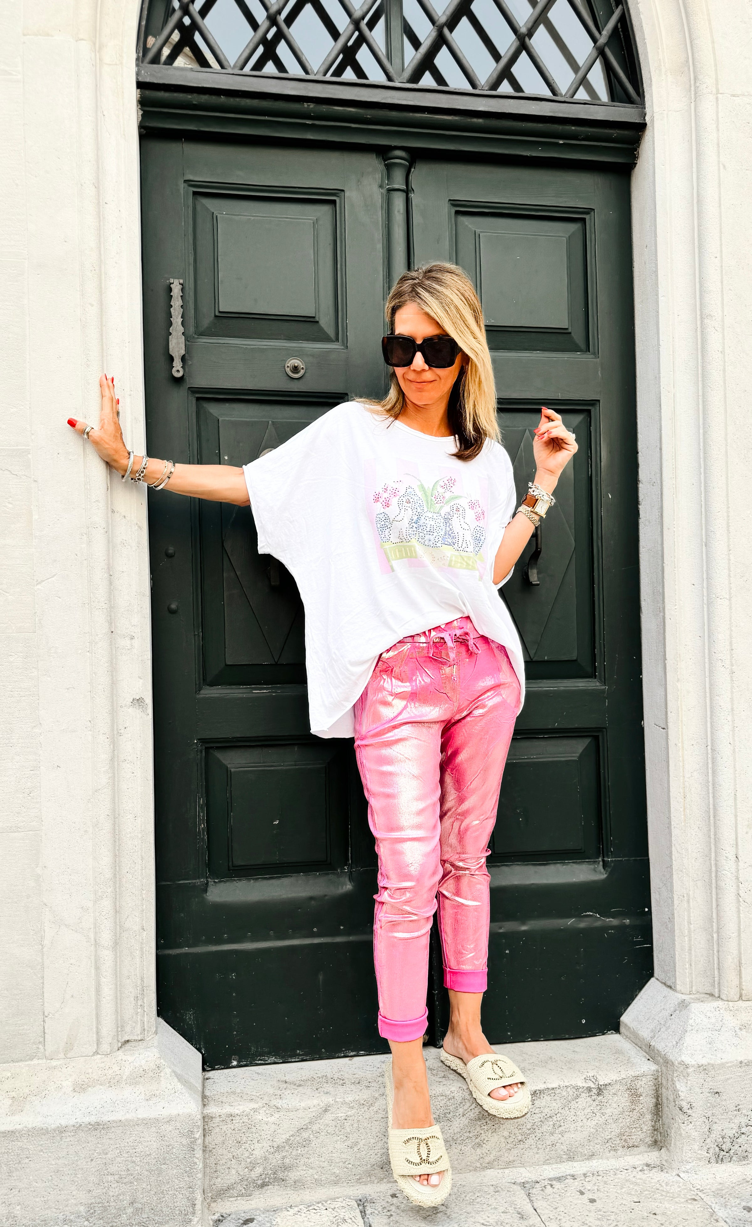 Shine-On Glistening Italian Joggers - Fuchsia/ Silver-pants-Italianissimo-Coastal Bloom Boutique, find the trendiest versions of the popular styles and looks Located in Indialantic, FL