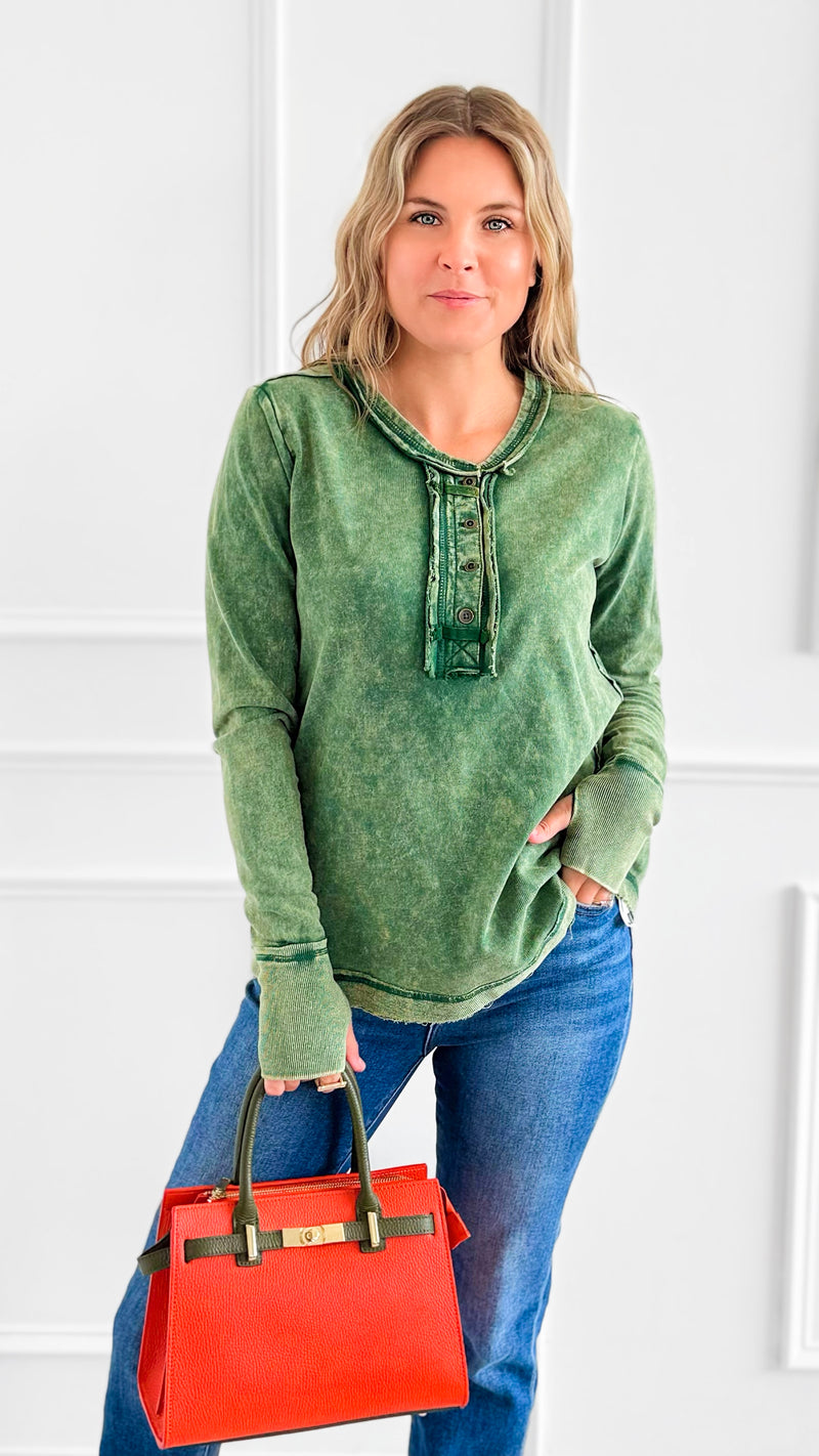 Sunday Stroll Mineral Wash Henley Top - Dk.Green-110 Long Sleeve Tops-Zenana-Coastal Bloom Boutique, find the trendiest versions of the popular styles and looks Located in Indialantic, FL